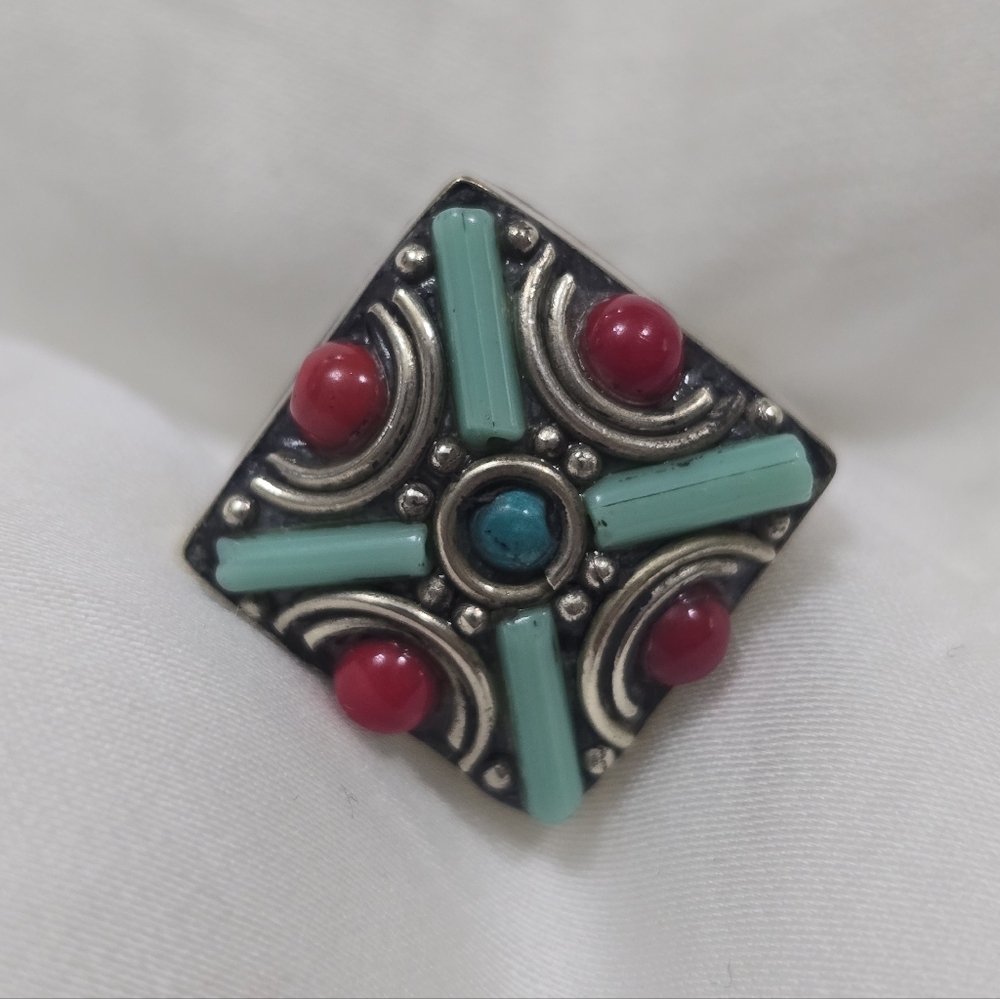 Vintage-Inspired Silver Turquoise and Red Coral Ring Adjustable
